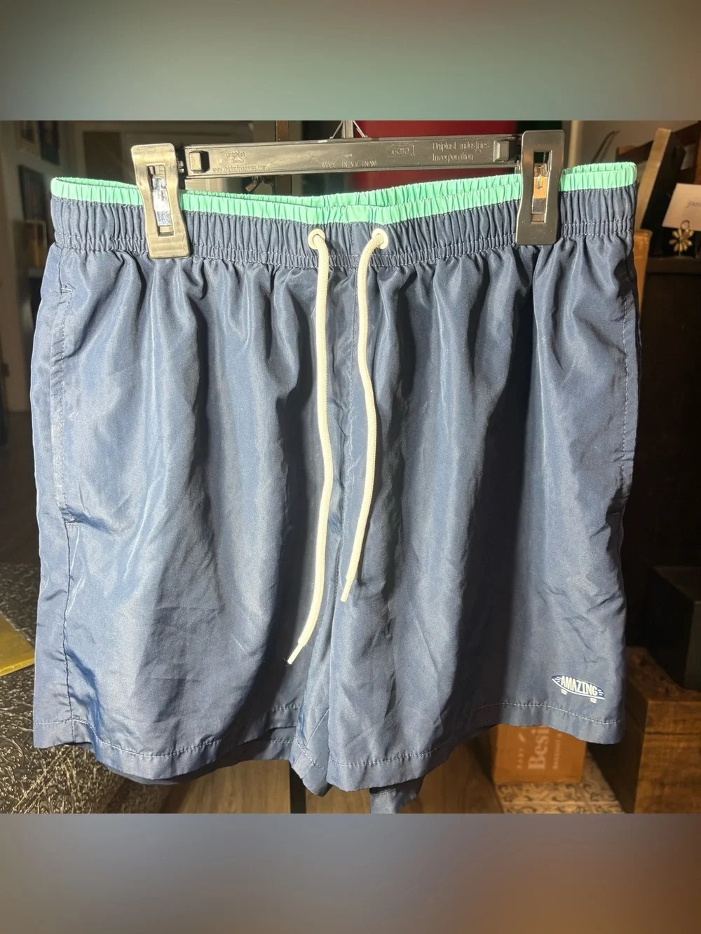 SHEIN Navy Swim Trunks with Mint Waistband Men Size Small EPC